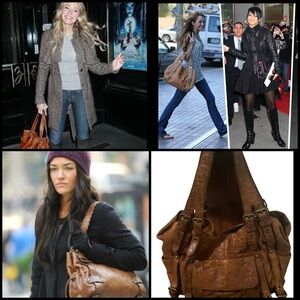 Kooba Cognac Pebble Leather Whipstitch Distressed Buckle Slouchy Large Hobo Bag